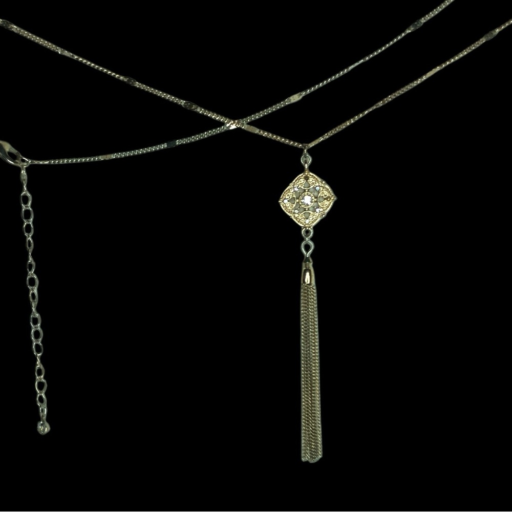 Vintage Gold Tone Filigree Tassel Necklace AB Rhinestones Adjustable